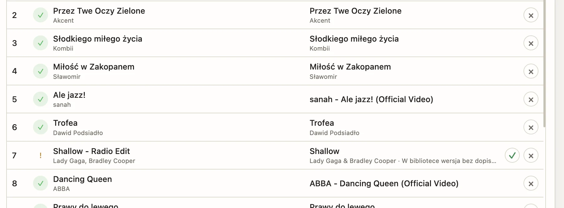 Porównanie playlisty pary z biblioteką: utwory, które masz, inne wersje do sprawdzenia i brakujące