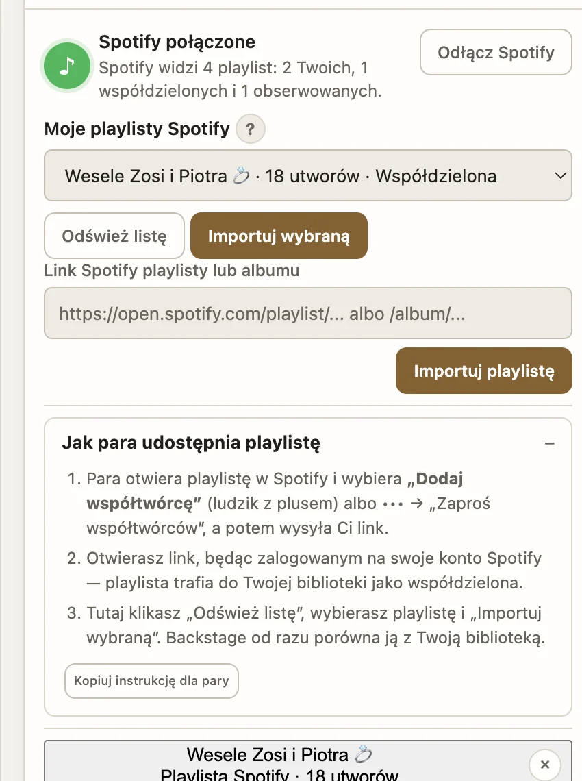 Backstage: połączone Spotify i lista playlist do importu