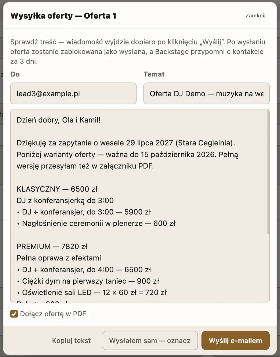 Okno wysyłki oferty: adres pary, temat i treść z wariantami Klasyczny i Premium, opcja dołączenia PDF
