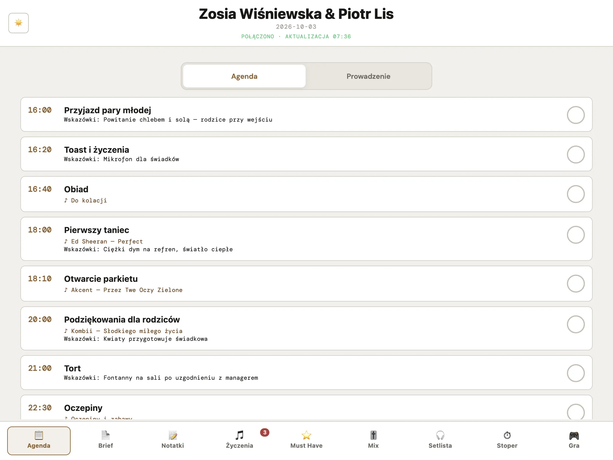 iPad: agenda wesela z harmonogramem