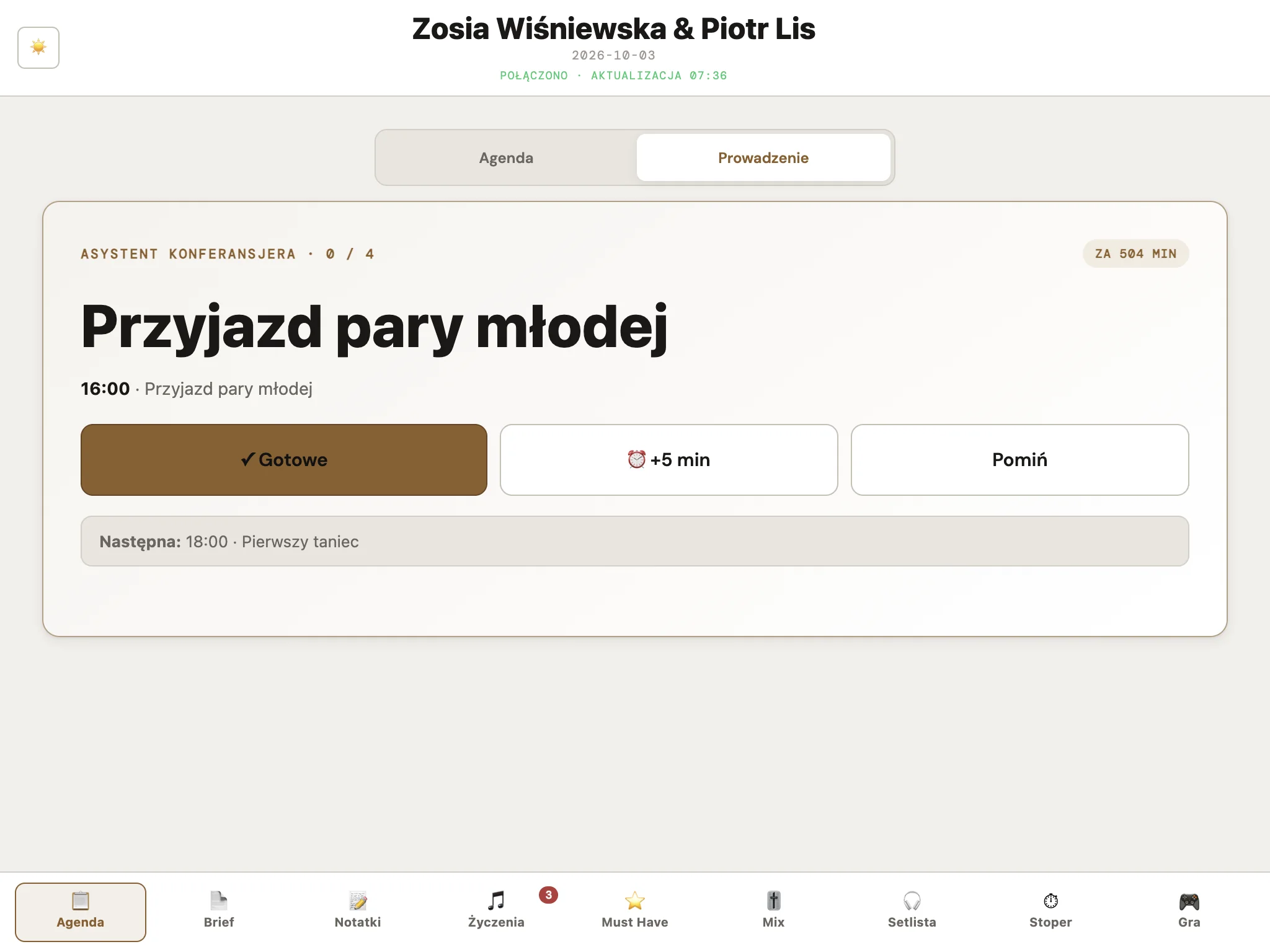 iPad: asystent prowadzącego z kolejnym punktem harmonogramu