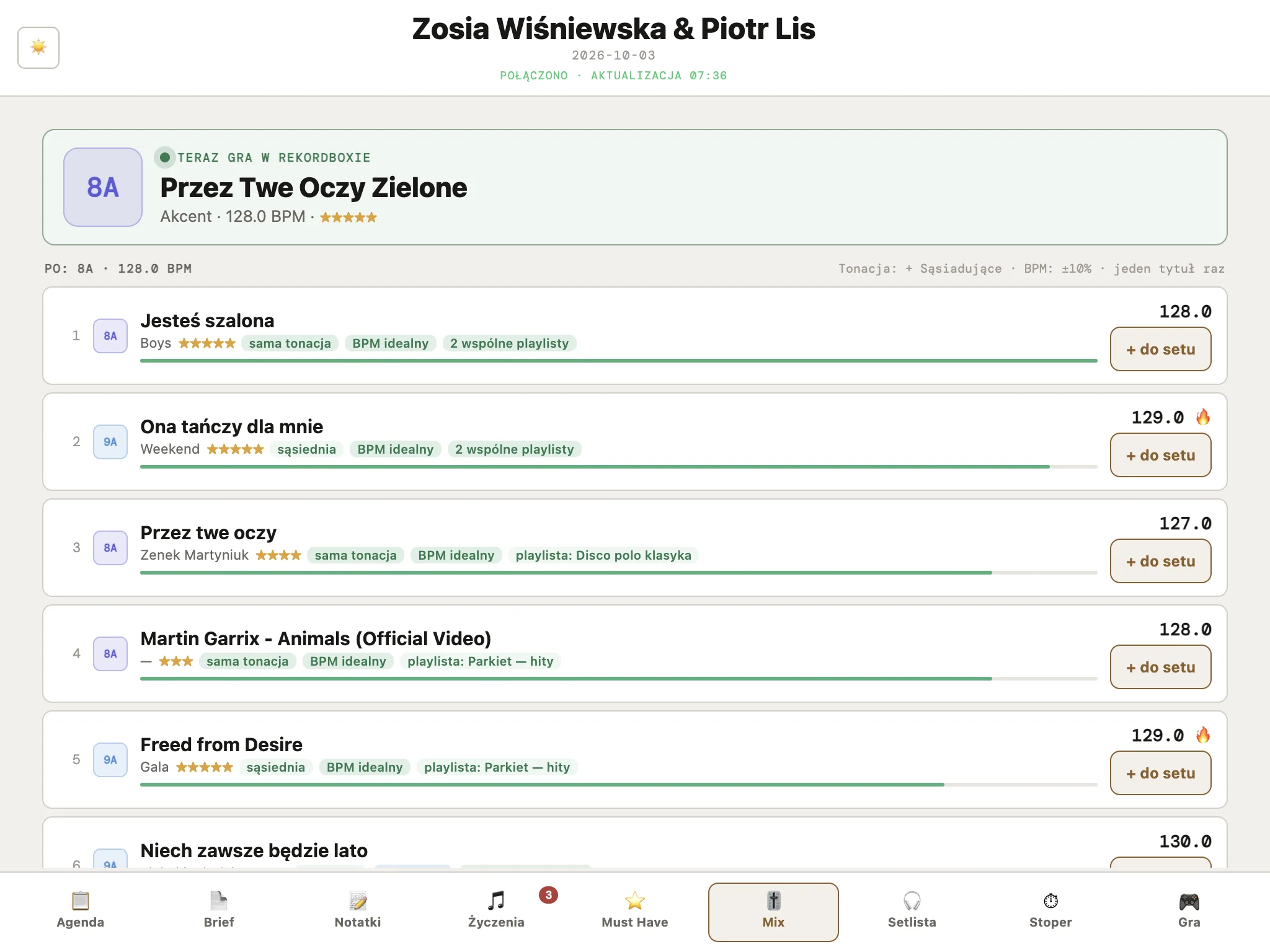 iPad: ekran Mix z utworem, który teraz gra, i przyciskiem „+ do setu”